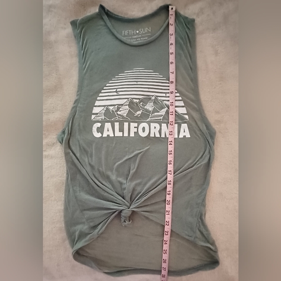 Fifth Sun M Olive Green Sheer Slvls Knotted Front California Graphic Tank Top - Picture 8 of 10